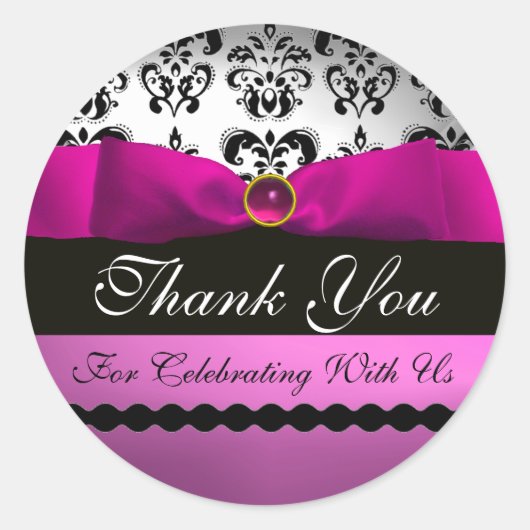 PINK BLACK DAMASK RIBBON MONOGRAM Paars Violet Ronde Sticker (Voorkant)