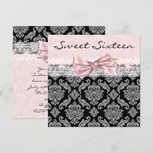 Pink Black Damask Sweet Sixteen Verjaardagsfeestje Kaart (Voorkant / Achterkant)