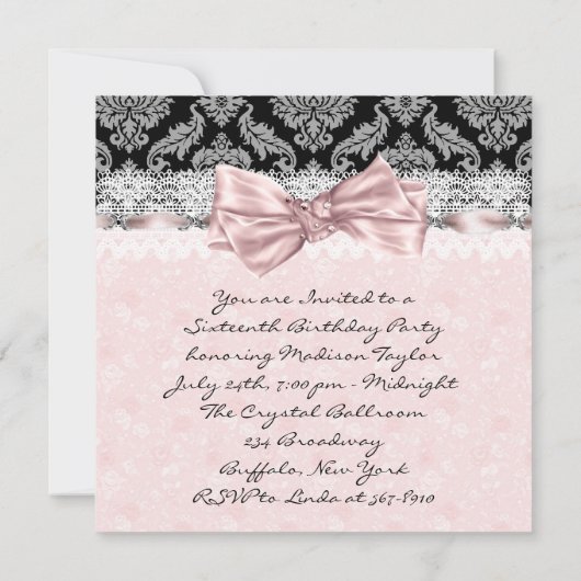 Pink Black Damask Sweet Sixteen Verjaardagsfeestje Kaart (Achterkant)