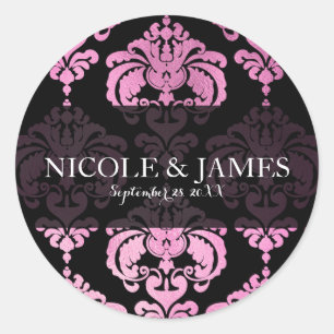 Pink Black Damask Vintage Wedding Event Favor Ronde Sticker