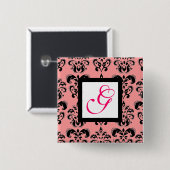 PINK BLACK DAMASK WHITE SQUARE MONOGRAM Fuchsia Vierkante Button 5,1 Cm (Voorkant /achterkant)