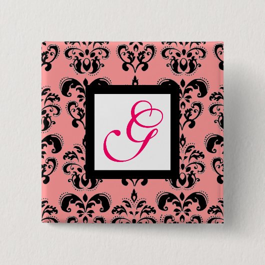 PINK BLACK DAMASK WHITE SQUARE MONOGRAM Fuchsia Vierkante Button 5,1 Cm (Voorkant)