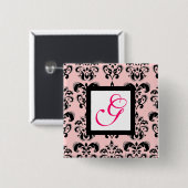 PINK BLACK DAMASK WHITE SQUARE MONOGRAM Fuchsia Vierkante Button 5,1 Cm (Voorkant /achterkant)