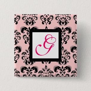 PINK BLACK DAMASK WHITE SQUARE MONOGRAM Fuchsia Vierkante Button 5,1 Cm