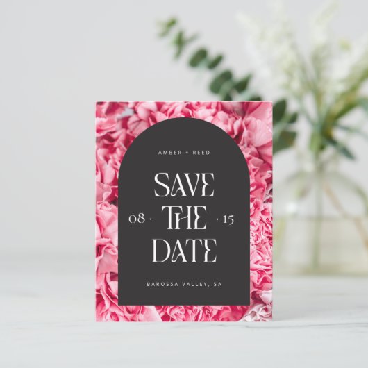 Pink Black Floral Arch Modern Save the Date (Staand voorkant)