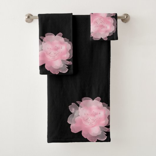 PINK BLACK FLORAL BLOOM BATHROOM TOWEL SET BAD HANDDOEK (Insitu)