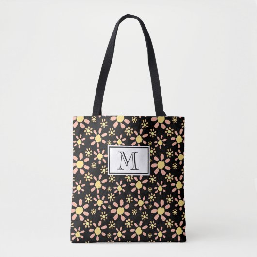 Pink Black Flower Pattern Monogram Floral Tote Bag (Voorkant)