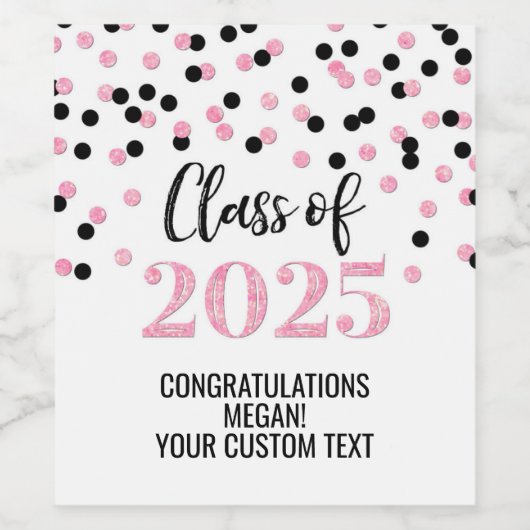 Pink Black Glitter Klasse van 2025 Afstuderen Wijn Etiket (Enkel label)