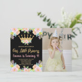Pink Black Glitter Princess Birthday met foto Kaart (Staand voorkant)