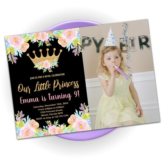 Pink Black Glitter Princess Birthday met foto Kaart