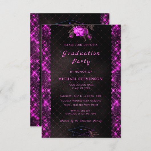 Pink Black Glitter QR Code Afstuderen Uitnodiging (Voorkant / Achterkant)