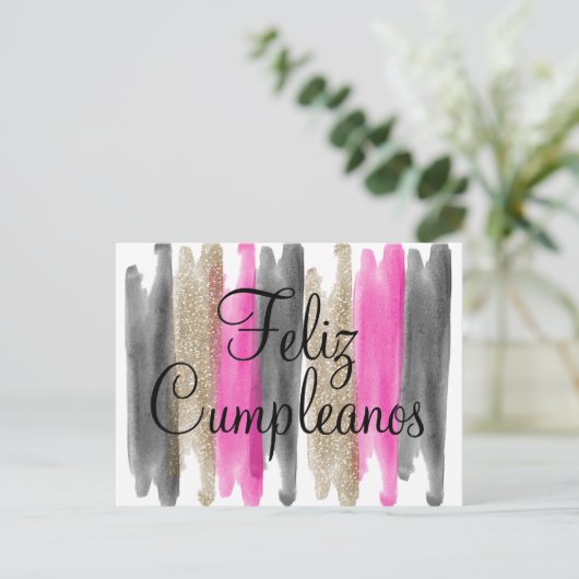 Pink Black Gold Glitter Feliz Cumpleanos Briefkaart (Staand voorkant)