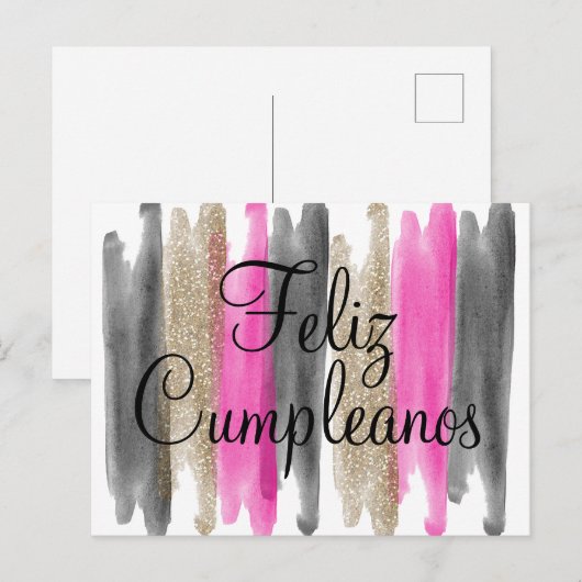 Pink Black Gold Glitter Feliz Cumpleanos Briefkaart (Voorkant / Achterkant)
