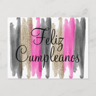 Pink Black Gold Glitter Feliz Cumpleanos Briefkaart
