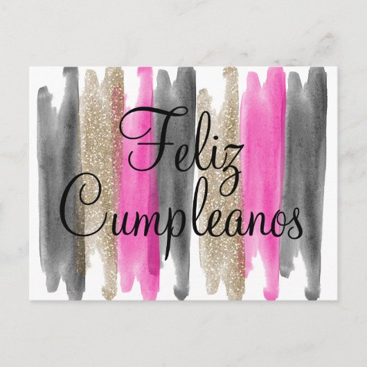 Pink Black Gold Glitter Feliz Cumpleanos Briefkaart (Voorkant)