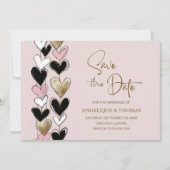 Pink Black Gold Hearts Wedding Save the Date (Voorkant)