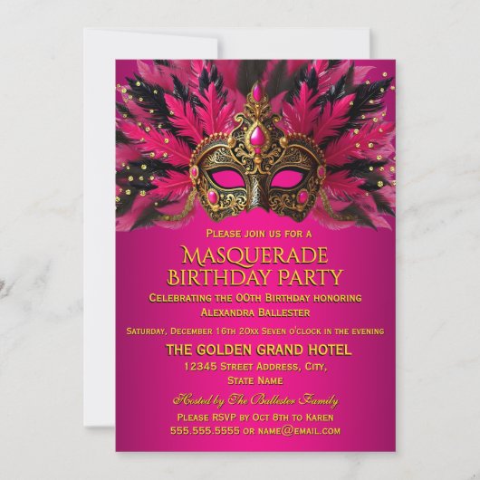 Pink Black Gold Masks Masquerade Birthday Party Kaart (Voorkant)