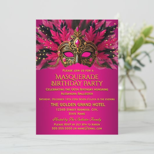 Pink Black Gold Masks Masquerade Birthday Party Kaart (Staand voorkant)
