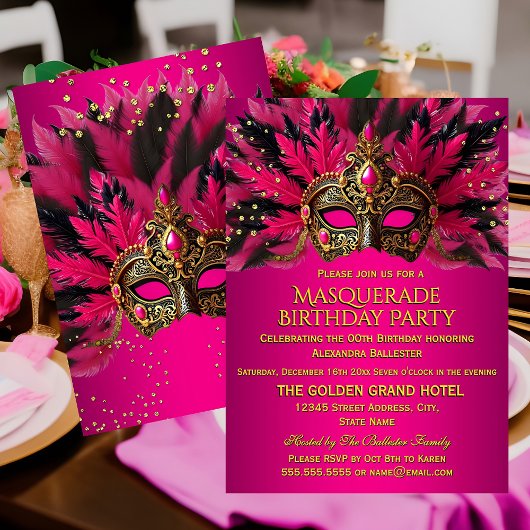 Pink Black Gold Masks Masquerade Birthday Party Kaart