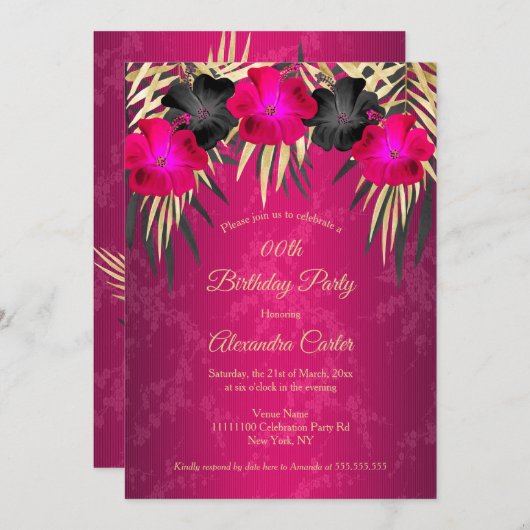 Pink Black Gold Palms Hibiscus Damask Party Kaart (Voorkant / Achterkant)