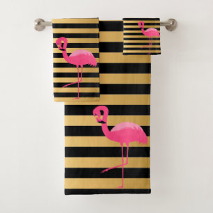 PINK BLACK GOLD STRIPE FLAMINGO BATHROOM TOWEL SET BAD HANDDOEK