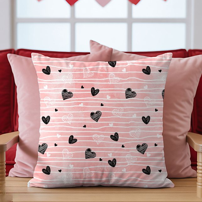 Pink Black Hearts Sketch Pillow Best Valentine’s  Kussen (Best Valentine’s Gift Pillow Pink Black Hearts Love)