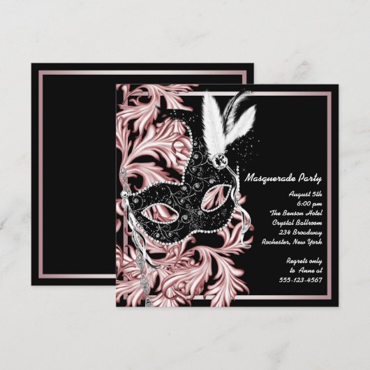 Pink Black Mask Pink Masquerade Party Kaart (Voorkant / Achterkant)