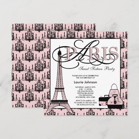 Pink Black Paris Sweet 16 Verjaardagsfeest Kaart (Voorkant / Achterkant)