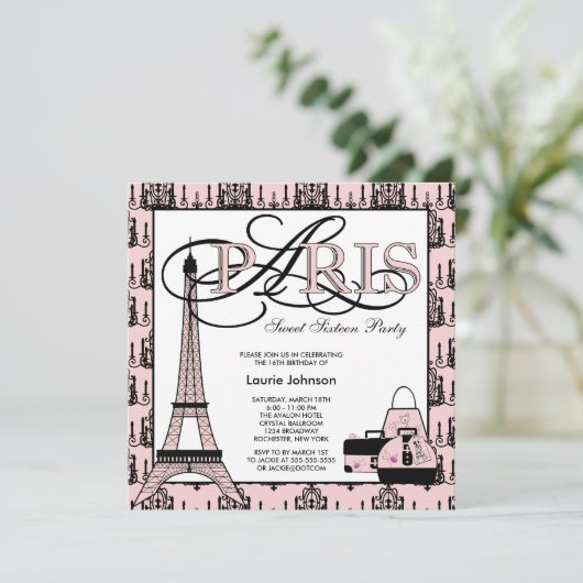 Pink Black Paris Sweet 16 Verjaardagsfeest Kaart (Staand voorkant)