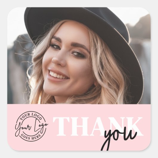 Pink Black Photo Logo Thank You Vierkante Sticker (Voorkant)
