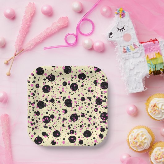 Pink & Black Polka Dot Glam Pattern Papieren Bordje (Feest)