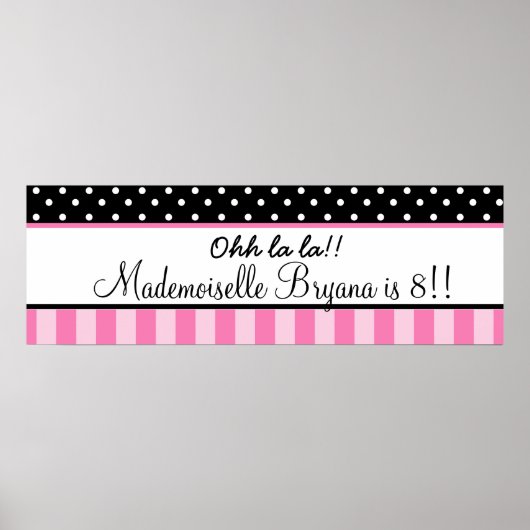 Pink & Black Polka Dot Paris Birthday Party Banner Poster (Voorkant)