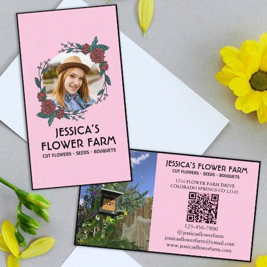 Pink & Black QR Code Professional 2 Photo Floral Visitekaartje