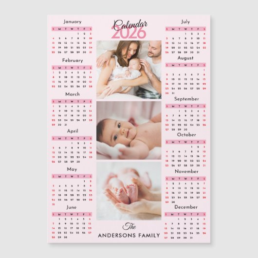 Pink Black Red 2026 Calendar Photo Collage Magnet (Voorkant)