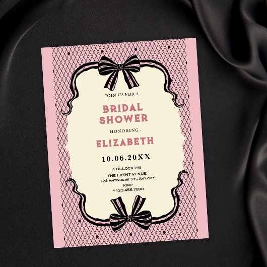 Pink black retro bow bridal shower kaart