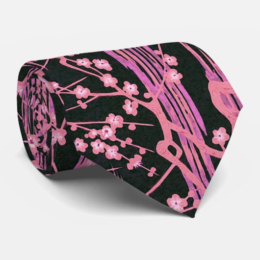 PINK BLACK SAKURA FLOWERS Japans Floral Patroon Stropdas (Opgerold)