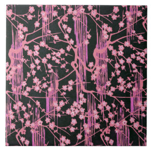 PINK BLACK SAKURA FLOWERS Japans Floral Patroon Tegeltje
