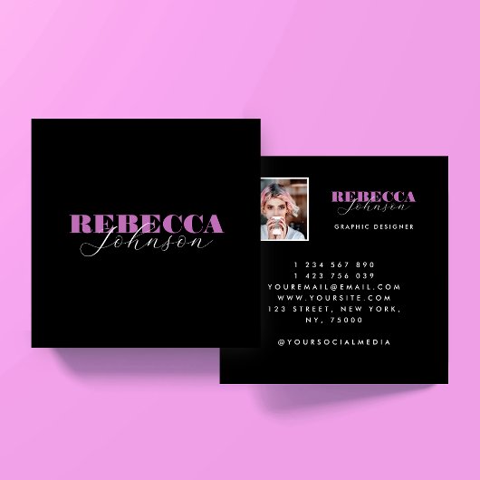 Pink & Black Script Photo Square Business Card Vierkante Visitekaartje