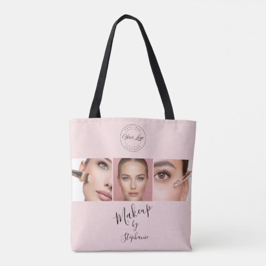 Pink Black Script Your Logo 3 Photo Makeup Tote Bag (Achterkant)