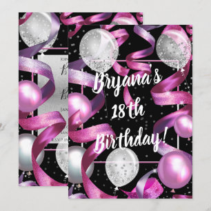 Pink Black Silver Glitter Balloons Birthday Party Kaart