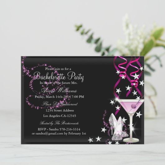 Pink Black Sparkle Bachelorette Party Invite Kaart