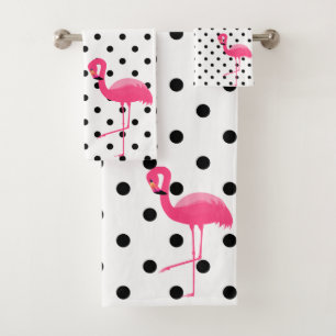 PINK BLACK SPOT FLAMINGO BATHROOM TOWEL SET BAD HANDDOEK