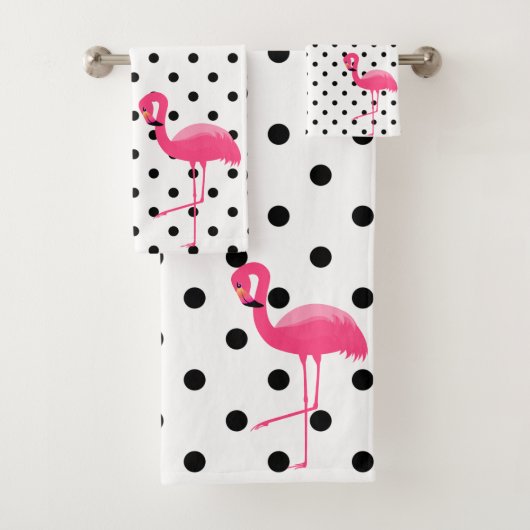 PINK BLACK SPOT FLAMINGO BATHROOM TOWEL SET BAD HANDDOEK (Insitu)