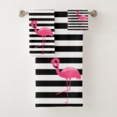PINK BLACK STRIPE FLAMINGO BATHROOM TOWEL SET BAD HANDDOEK (Insitu)