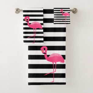 PINK BLACK STRIPE FLAMINGO BATHROOM TOWEL SET BAD HANDDOEK
