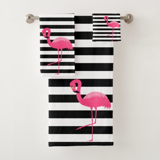PINK BLACK STRIPE FLAMINGO BATHROOM TOWEL SET BAD HANDDOEK (Insitu)
