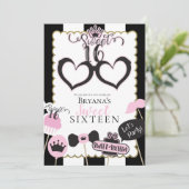 Pink Black Sweet 16 Photo Booth Verjaardagsfeest Kaart (Staand voorkant)