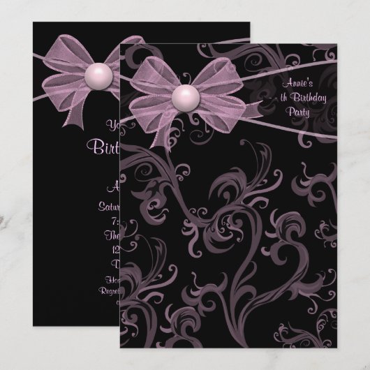 Pink Black Swirls Verjaardagsfeestje Kaart (Voorkant / Achterkant)