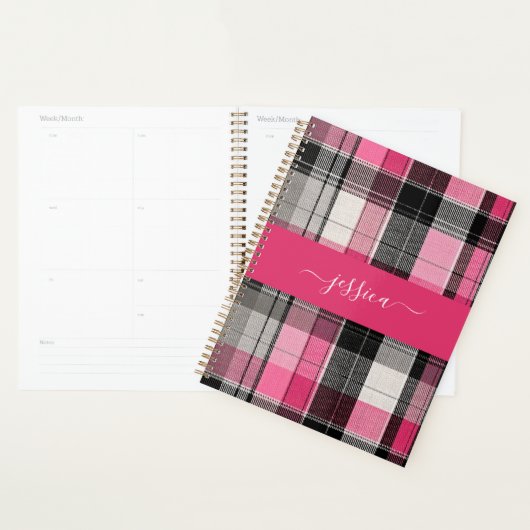 Pink black tartan plaid script name binder planner (Display)