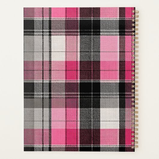 Pink black tartan plaid script name binder planner (Achterkant)